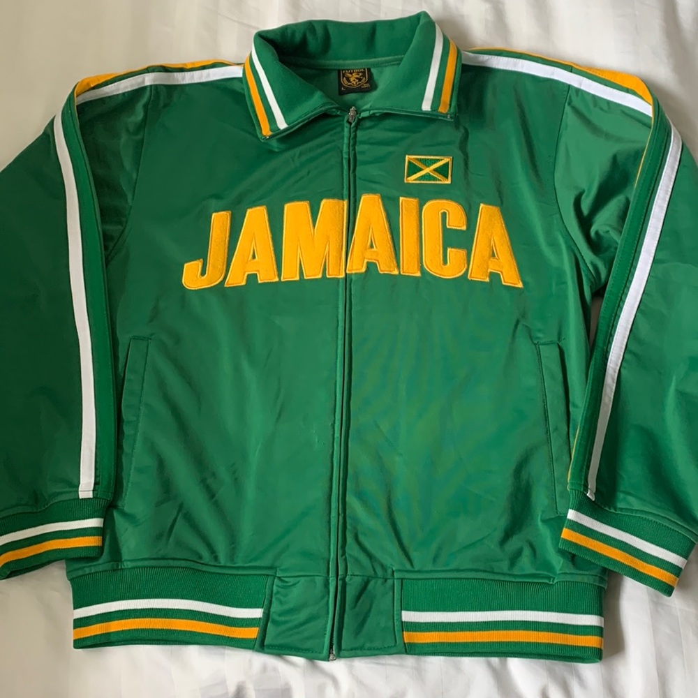 COPY - Futbol green Jamaica track jacket striped ribbed collar cuffs brushed li…